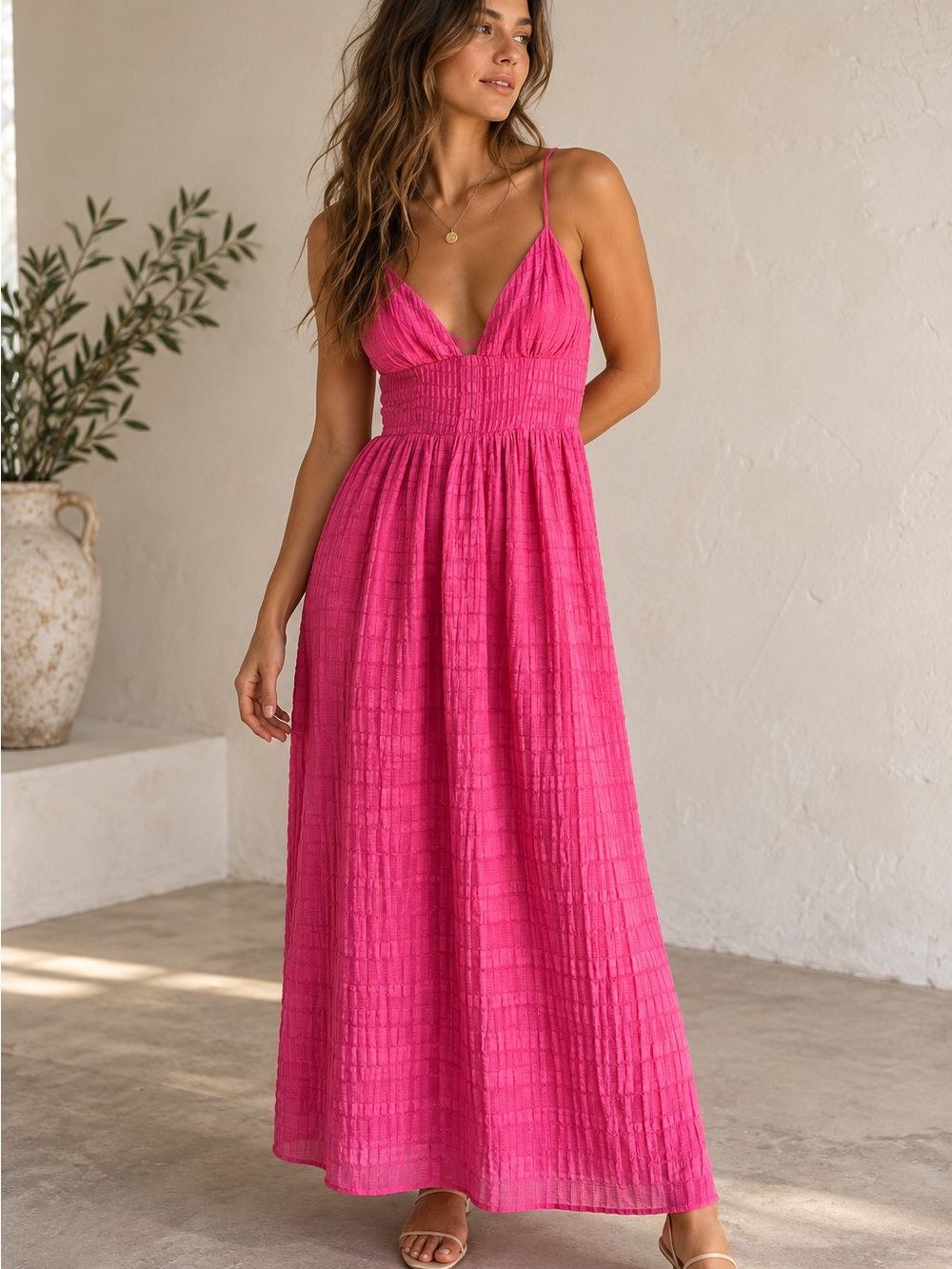 Storia Hot Pink Textured Maxi Dress Romantic Resort Fairycore Sz S